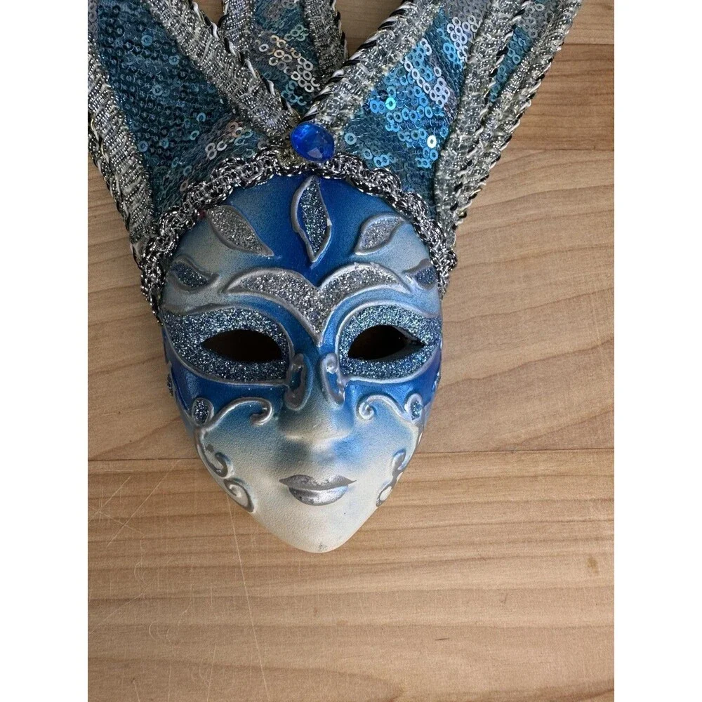 Blue Venetian Jester Wall Mask Carnival Harlequin Sequin Bells 8